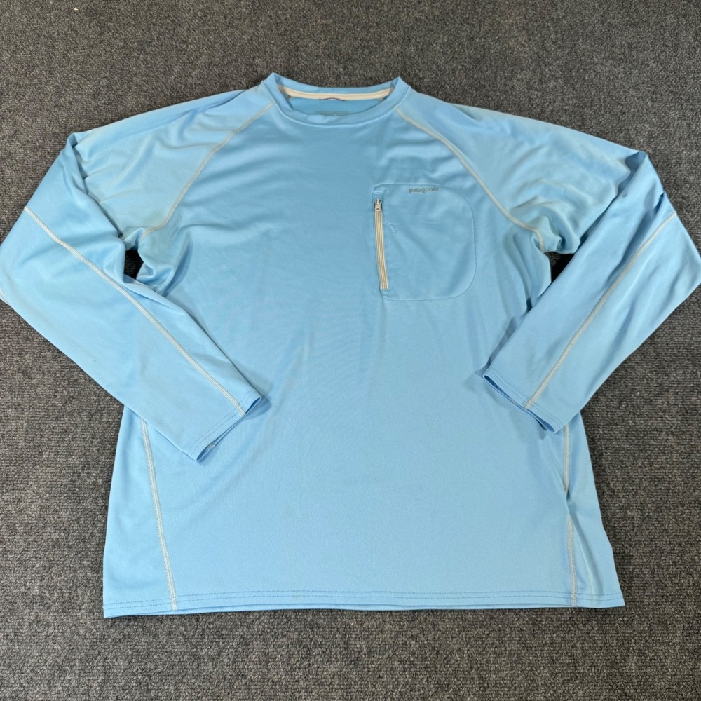 Patagonia Mens Large Blue Long Sleeve Performance Shirt Zippered Pocket Mesh L